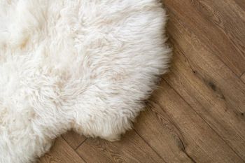 cream sheepskin rug on a dark brown wooden floor